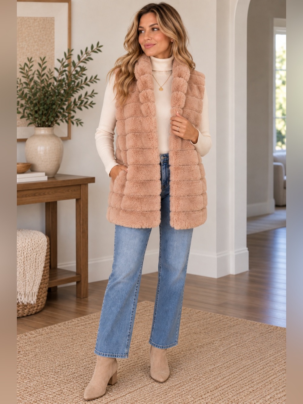 Pink Faux Fur Long Vest Mob Wife Glam Luxe Plush Ribbed Layering Easel Large